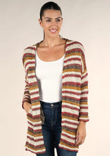 [Color: Natural/Burgundy Multi] A front facing image of a brunette model wearing a cozy striped knit cardigan with subtle metallic thread accents. Featuring a relaxed dropped shoulder and side patch pockets.