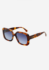 Sunglasses with tortoiseshell frame and blue lenses on a white background
