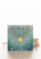 [Zodiac Sign: Virgo] Gold necklace on an Virgo-themed card with celestial design