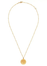 [Color: Gold] A gold medallion pendant necklace that features the word "AMOUR" on a delicate gold satellite chain.
