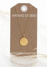 [Color: Gold] A gold medallion pendant necklace that features the word "AMOUR" on a delicate gold satellite chain.