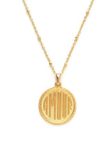 [Color: Gold] A gold medallion pendant necklace that features the word "AMOUR" on a delicate gold satellite chain.