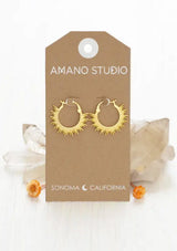 [Color: Gold] A pair of gold hoop earrings featuring a textured "sunburst" design along the outer edge. 