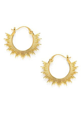 [Color: Gold] A pair of gold hoop earrings featuring a textured "sunburst" design along the outer edge. 