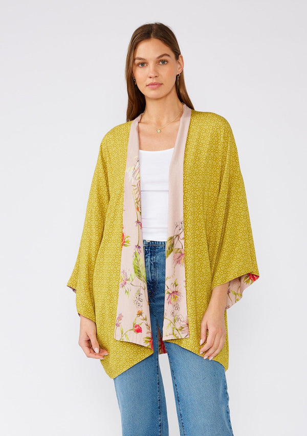 [Color: Rose/Green] Bohemian kimono in a pink floral print. Reversible cover up for the beach.