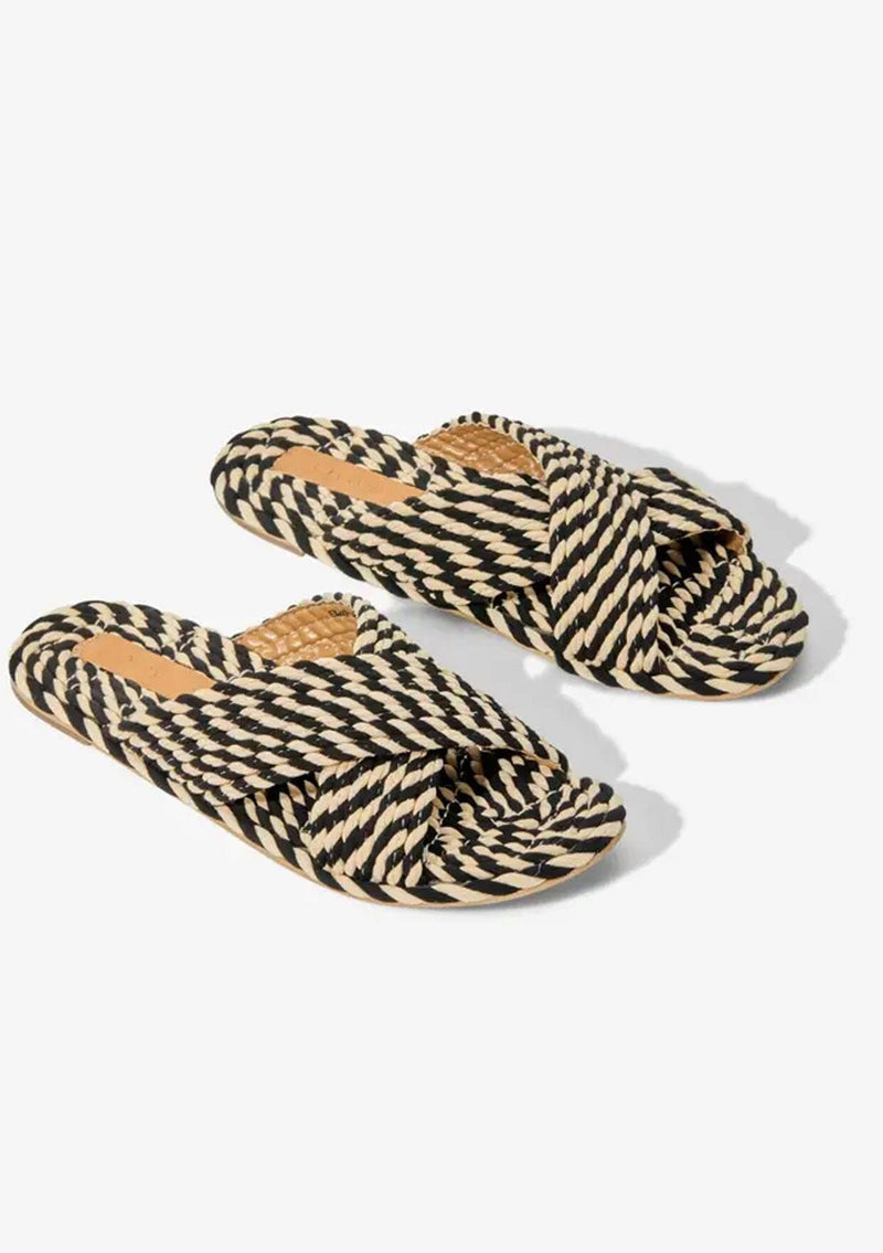 [Color: Black/Cream Multi] A hand dyed woven rope slide sandal with crossover top straps. Sustainably made in small batches.
