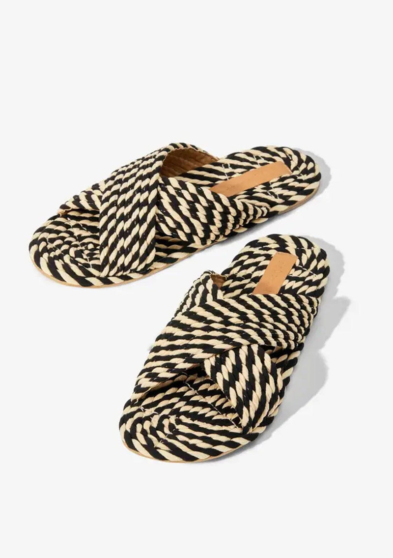 [Color: Black/Cream Multi] A hand dyed woven rope slide sandal with crossover top straps. Sustainably made in small batches.
