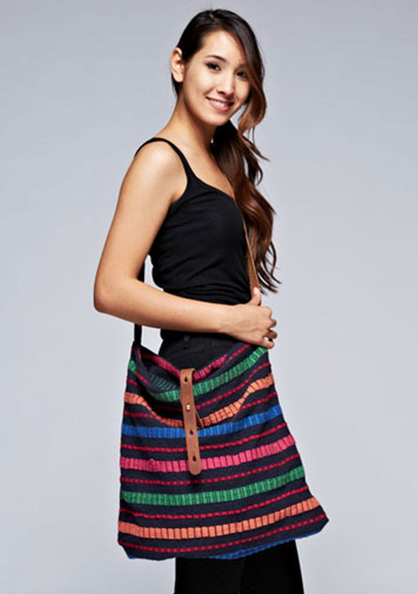 [Color: Black/Multi] A multi colored striped crossbody tote bag. 