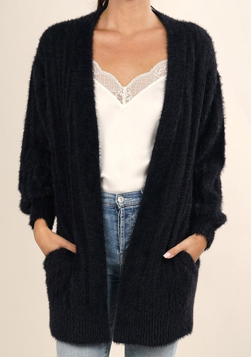 Chic Long Black Fuzzy Cardigan Sweater LOVESTITCH