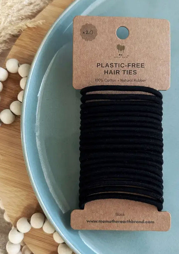 [Color: Black] Plastic free, biodegradable, vegan and cruelty free hair ties. Comes in a pack of twenty. 
