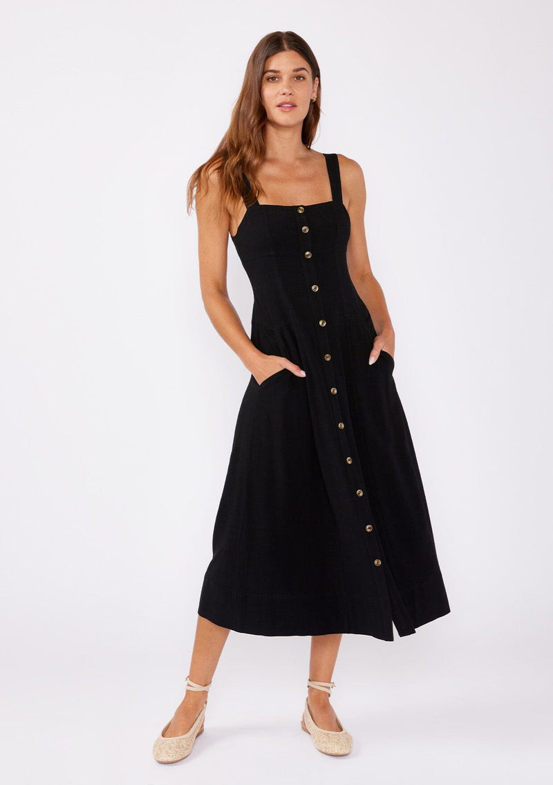 Black Linen Blend Button-Front Midi Dress | LOVESTITCH Black Linen Blend Button-Front Midi Dress | LOVESTITCH