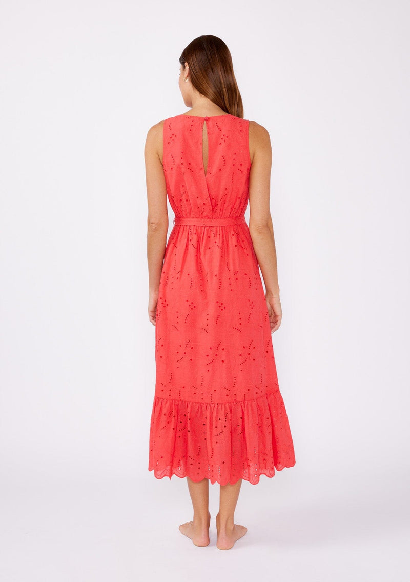 Women's Bright Coral Embroidered Eyelet Midi Dress | LOVESTITCH Women's Bright Coral Embroidered Eyelet Midi Dress | LOVESTITCH