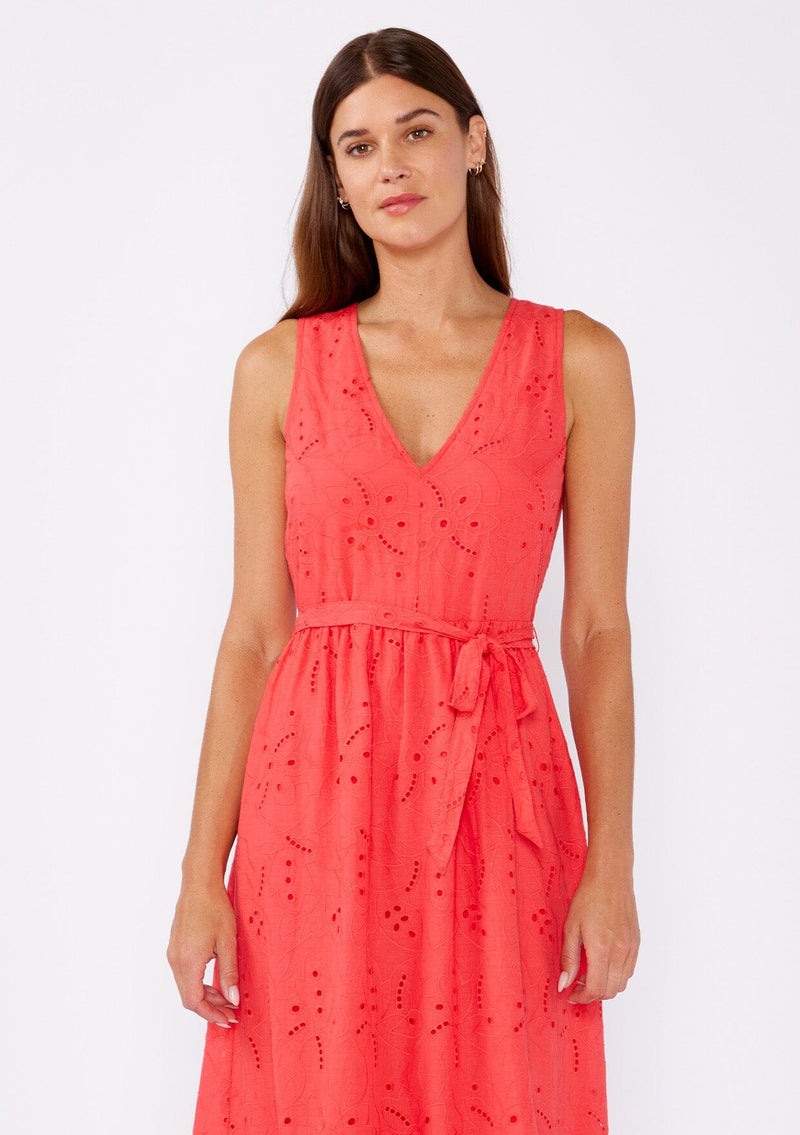 Women's Bright Coral Embroidered Eyelet Midi Dress | LOVESTITCH Women's Bright Coral Embroidered Eyelet Midi Dress | LOVESTITCH