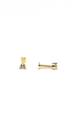 Delicate hypoallergenic stud earrings with a cubic zirconia stone, fourteen karat gold plated on a sterling silver base. Tarnish free, nickel free, and with a comfortable flat base backing. 