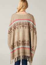 [Color: Taupe/Brown] A bohemian fringed poncho sweater