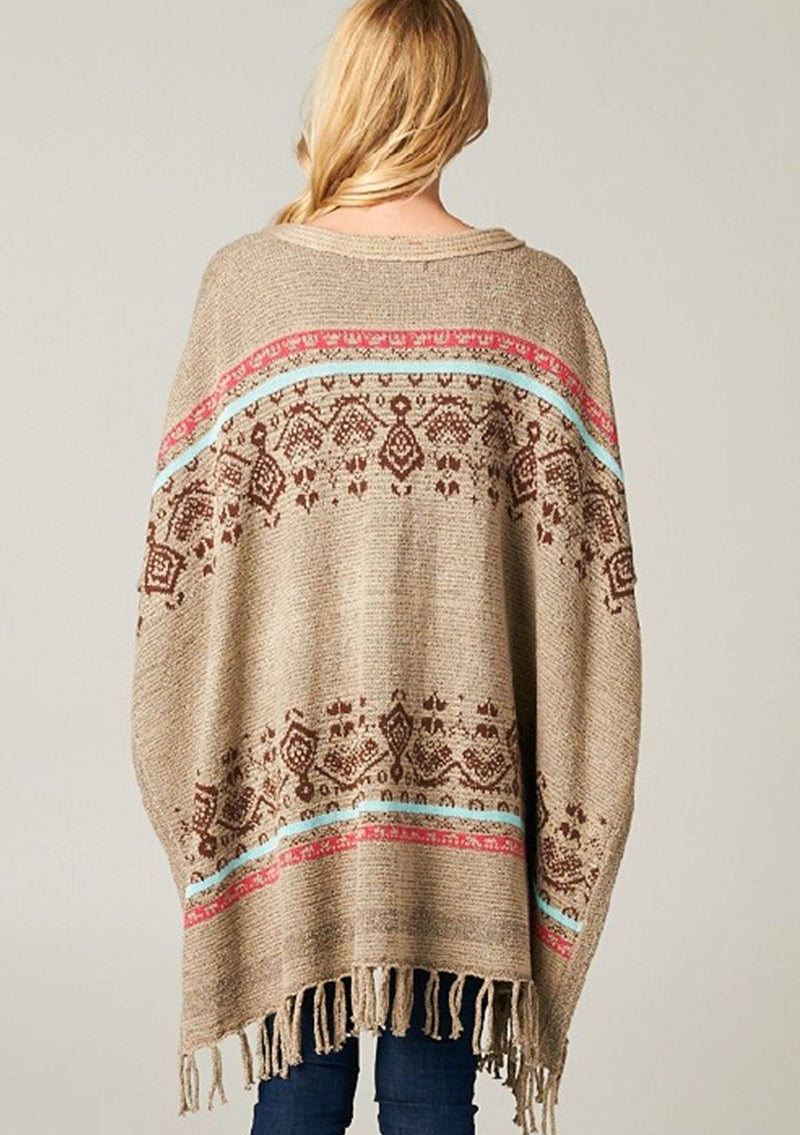 [Color: Taupe/Brown] A bohemian fringed poncho sweater