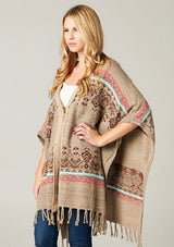 [Color: Taupe/Brown] A bohemian fringed poncho sweater