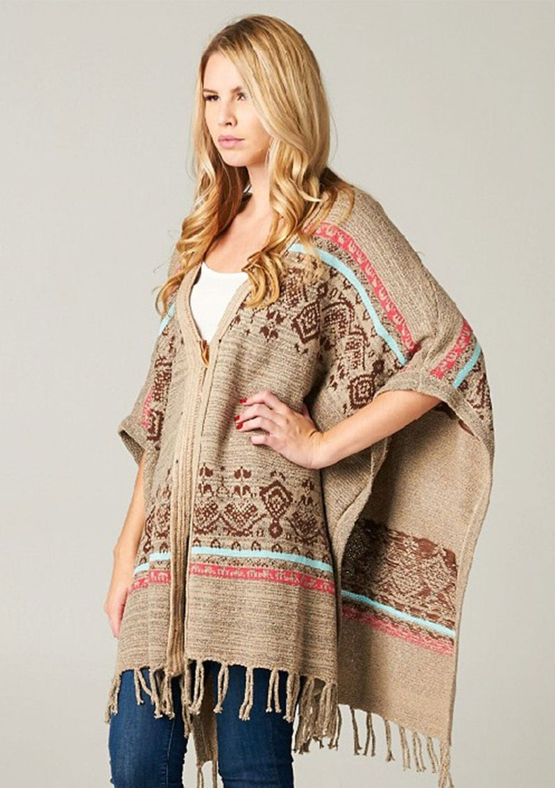 [Color: Taupe/Brown] A bohemian fringed poncho sweater
