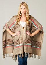 [Color: Taupe/Brown] A bohemian fringed poncho sweater