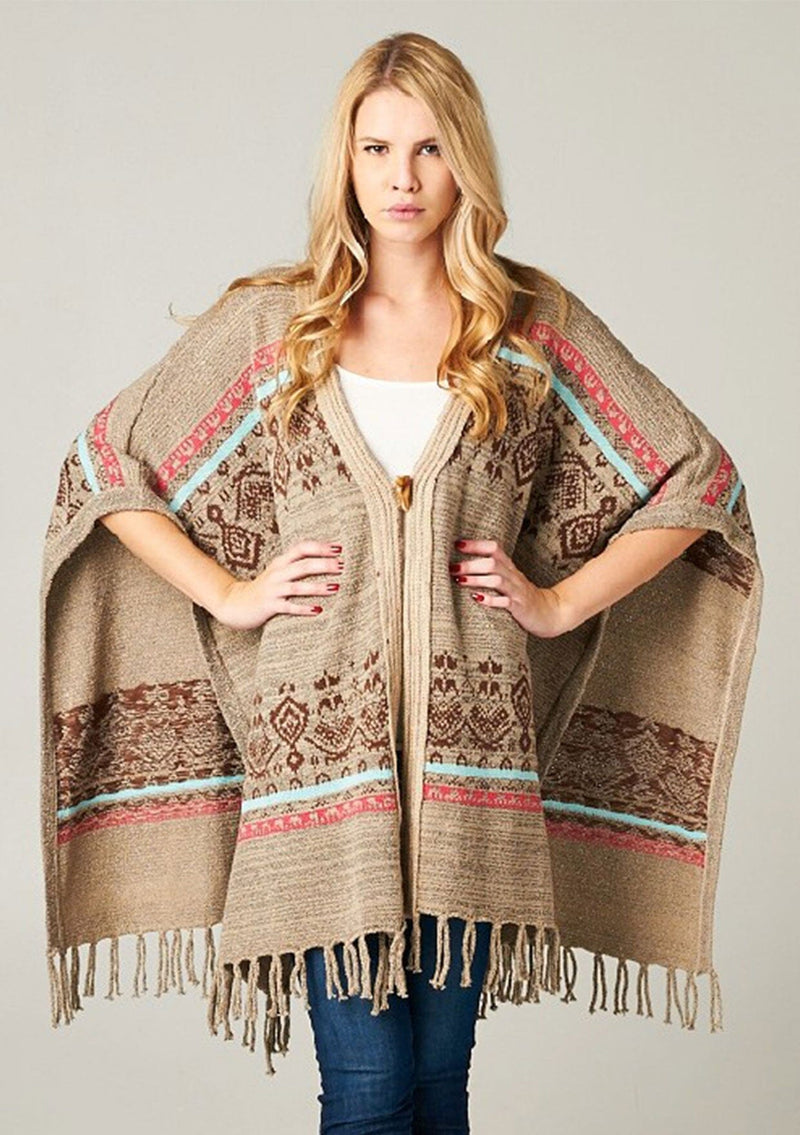 [Color: Taupe/Brown] A bohemian fringed poncho sweater