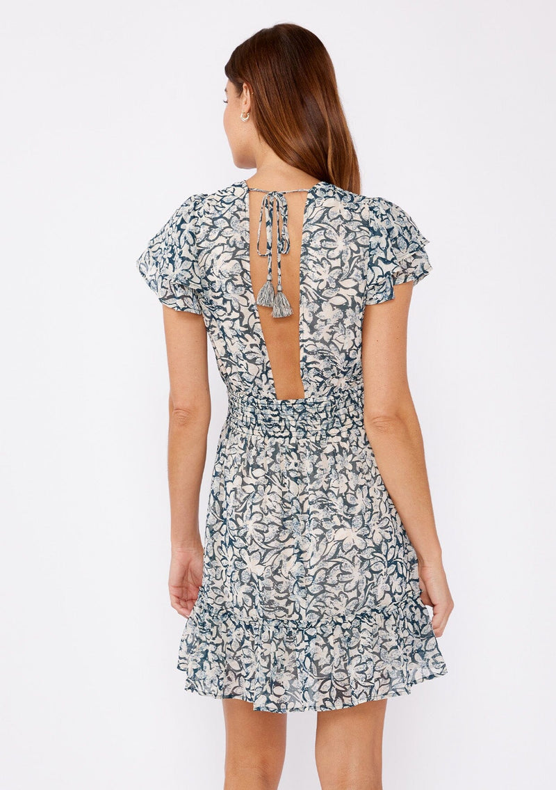 Deven Floral Chiffon Open Back V Neck Mini Dress Small / Teal/Taupe Deven Floral Chiffon Open Back V Neck Mini Dress Small / Teal/Taupe