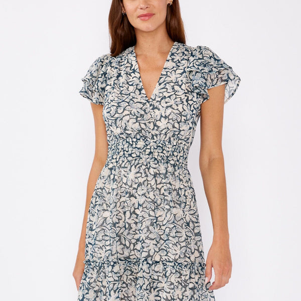 Deven Floral Chiffon Open Back V Neck Mini Dress Small / Teal/Taupe