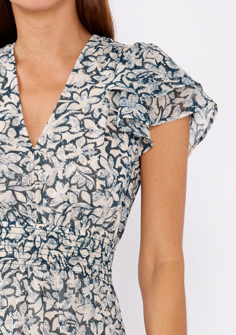 Deven Floral Chiffon Open Back V Neck Mini Dress Small / Teal/Taupe Deven Floral Chiffon Open Back V Neck Mini Dress Small / Teal/Taupe