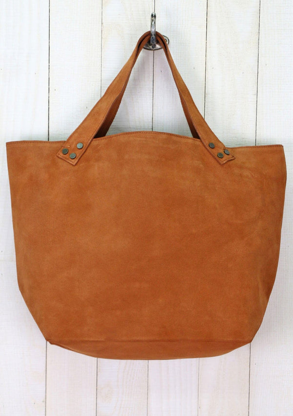 [Color: Cognac] A classic brown suede leather tote bag.