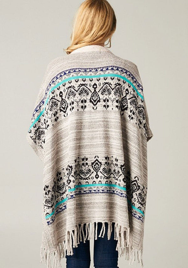 [Color: Cream/Ocean] A bohemian fringed poncho sweater