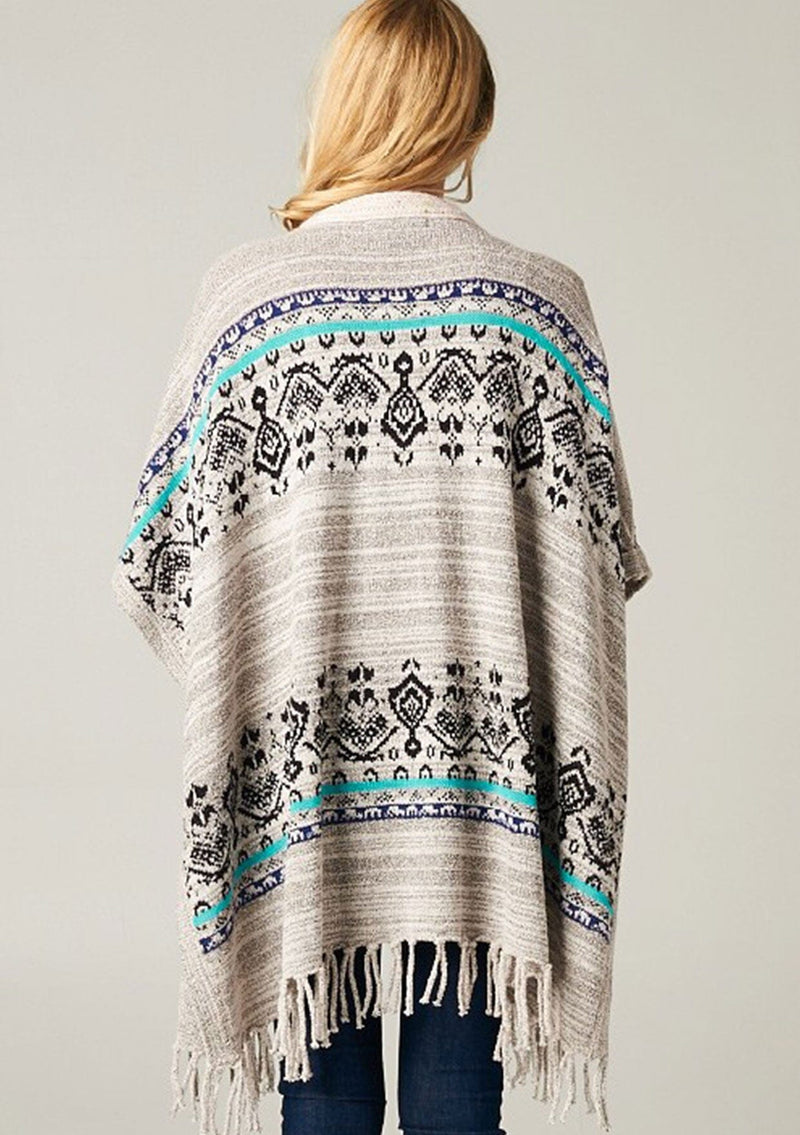 [Color: Cream/Ocean] A bohemian fringed poncho sweater