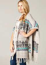 [Color: Cream/Ocean] A bohemian fringed poncho sweater