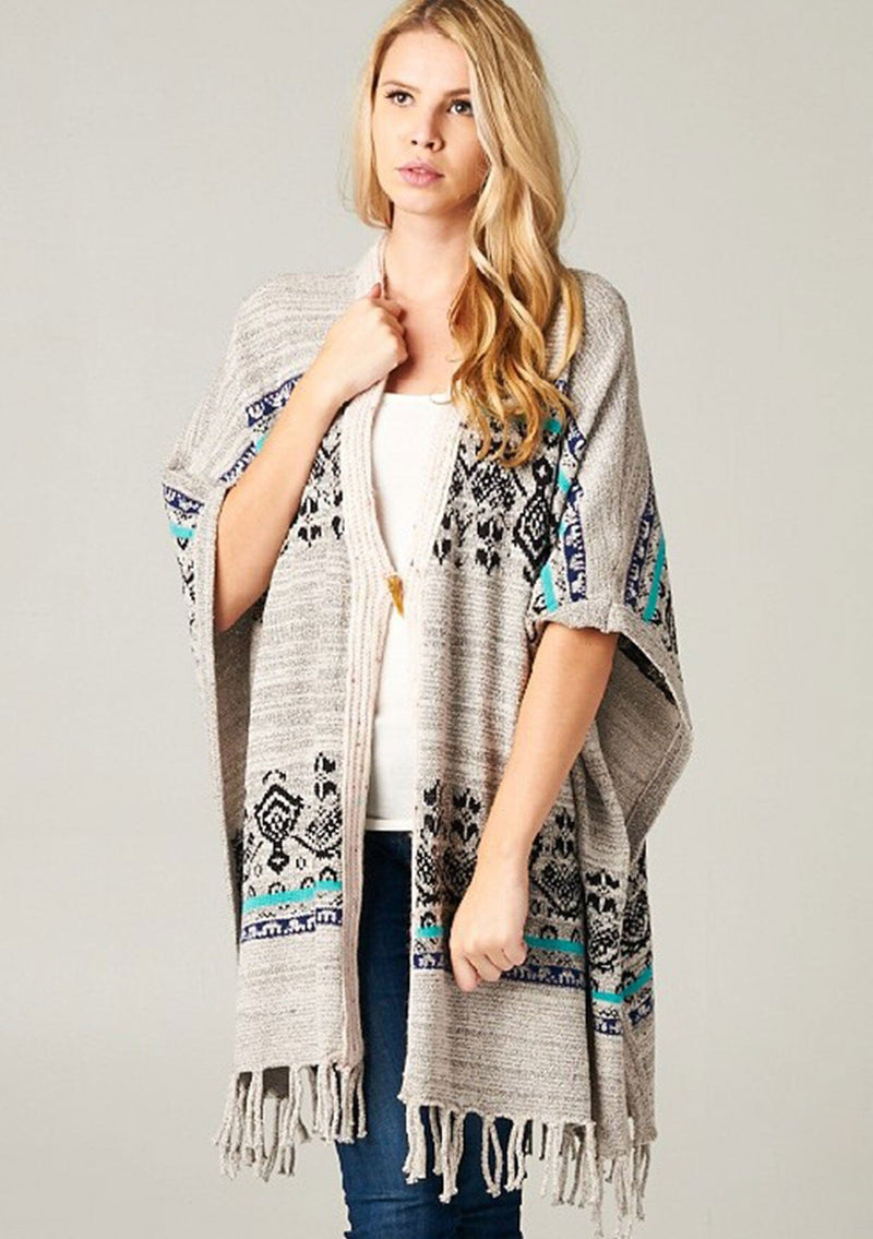 [Color: Cream/Ocean] A bohemian fringed poncho sweater