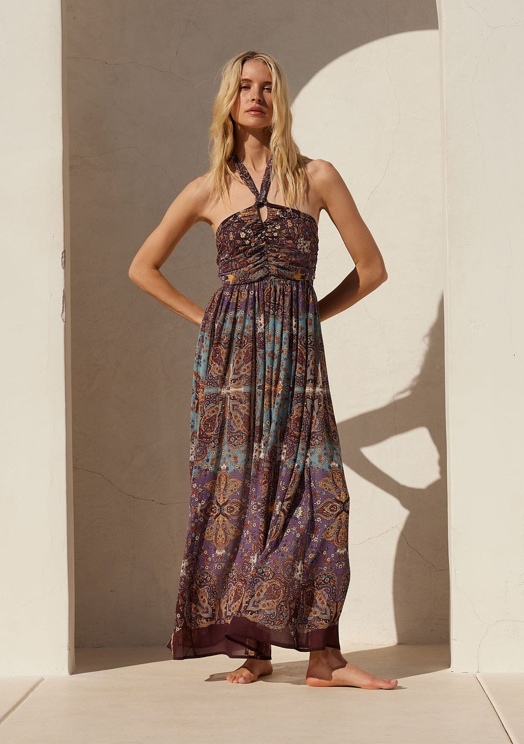 Women's Boho Purple Paisley & Floral Halter Maxi Dress | LOVESTITCH Women's Boho Purple Paisley & Floral Halter Maxi Dress | LOVESTITCH