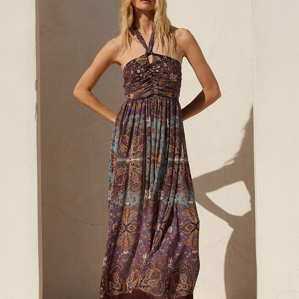 paisley print halter maxi dress Livna Halter Maxi Dress Raisin/Teal / M