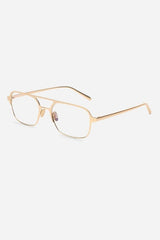 [Color: Blue Light] Matte gold metal straight frame sunglasses with 100% UVA/UVB protected blue light lenses. 