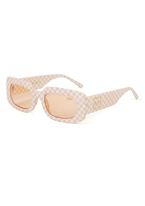 [Color: Beige] The Dolly sunglasses by INDY eyewear in a beige and white checkered design. In a rounded rectangle frame.