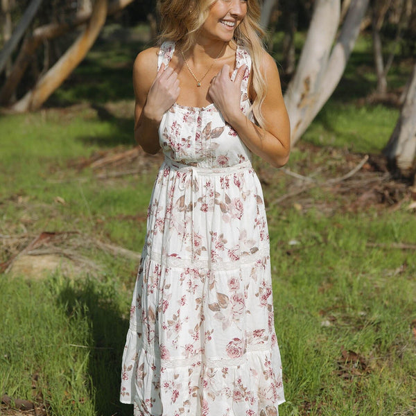 Evelyn Floral Midi Dress Natural/Dusty Wine / XL