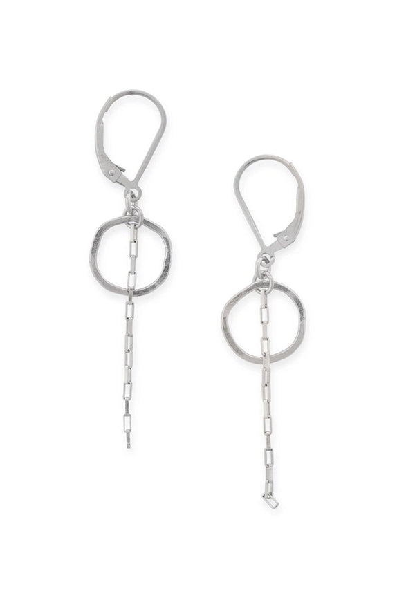 Pair of silver earrings with a small hammered circle and chain drop detail. Attached to a round wire lever back. 