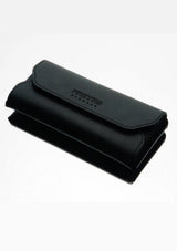 Black wallet with brand name on a white background