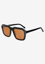 [Color: Black] Sunglasses with black frame and amber lenses on a white background