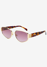 [Color: Gold/Lavender] Gold metal and tortoise frame glasses with lavender lenses from FREYRS.