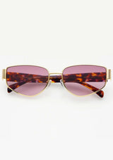 [Color: Gold/Lavender] Gold metal and tortoise frame glasses with lavender lenses from FREYRS. 
