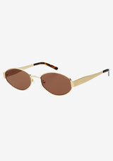 [Color: Brown] Thin gold metal sunglasses with an oval shape and dark tan lenses. Made by FREYRS