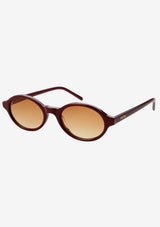 [Color: BURGUNDY] An image of oval round sunglasses with a burgundy frame and light brown lenses from FREYRS.