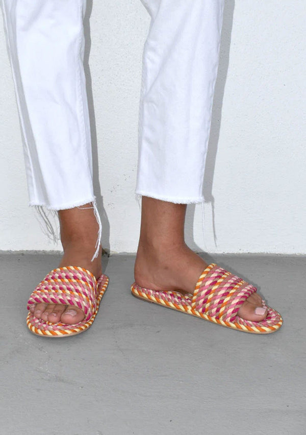 [Color: Grapefruit Pink] A colorful pink hand dyed rope slide sandal. Sustainably made in small batches. 