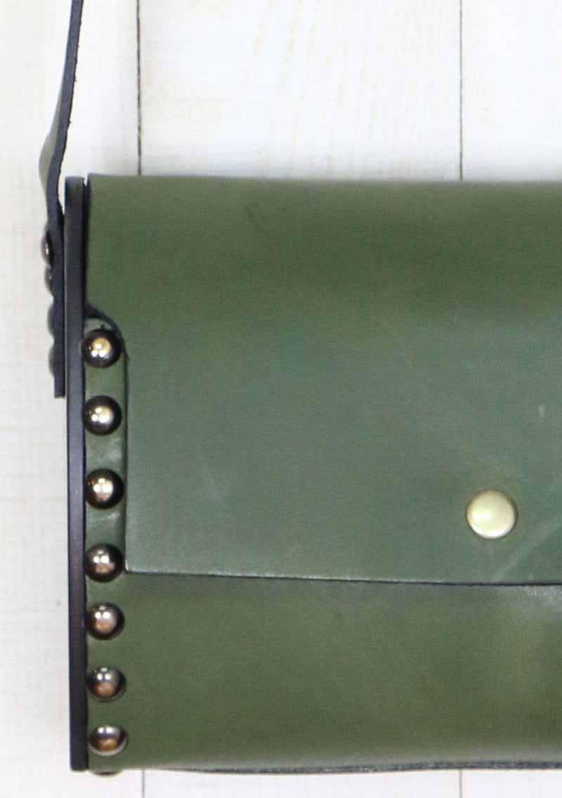 [Color: Olive] The ultimate bohemian crossbody bag. A unique purse in beautiful olive green, this barrel style bag features studded details and real wooden sides.