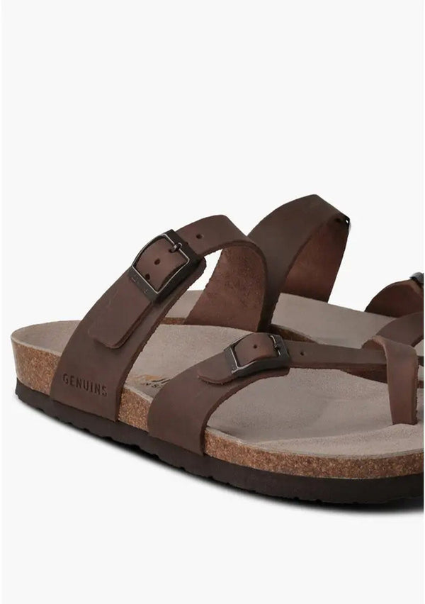 [Color: Havana] Brown leather summer sandal slides with a cork innersole and adjustable straps