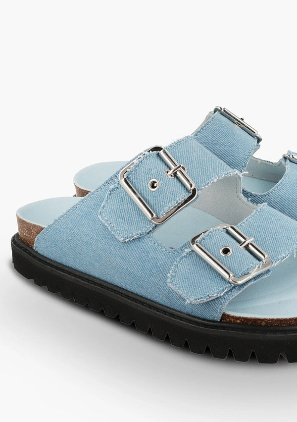 [Color: Denim] Vegan blue denim platform slides with cork insole and two silver adjustable buckles