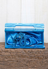 [Color: Ice Blue] A fun and unique handbag made with eye catching marbled resin. A lunchbox style purse that fits your keys, makeup, and your cell phone.