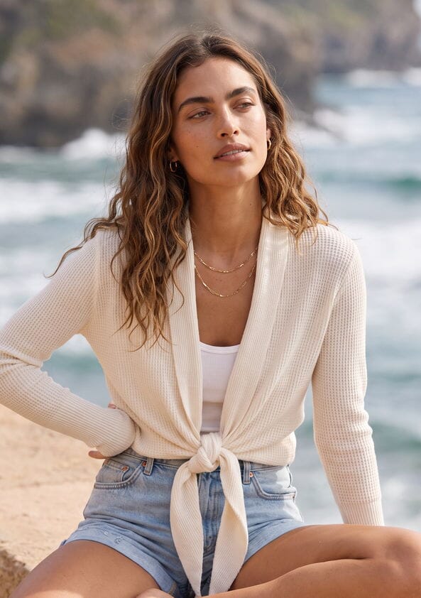 Women's Waffle Knit Tie-Front Cardigan Sweater | LOVESTITCH